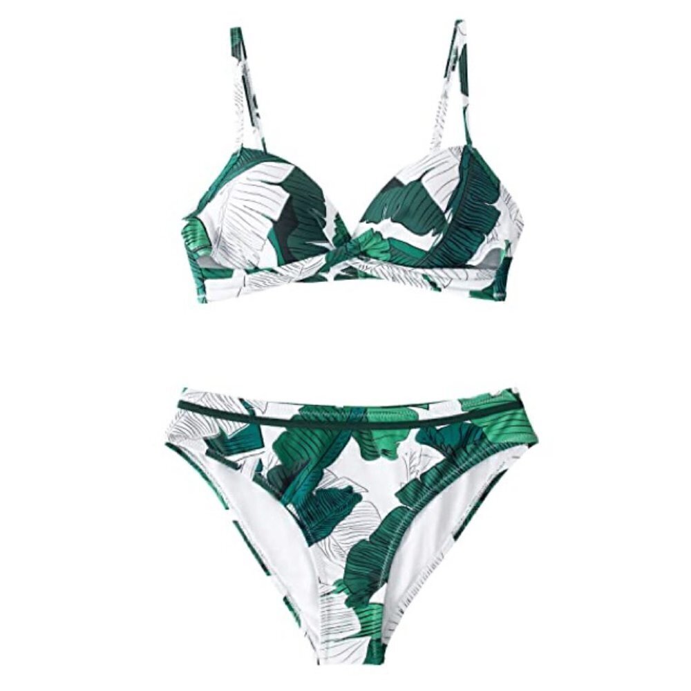 NEW White & Green Leafy Tropical Print Bikini Swim Set Size Small